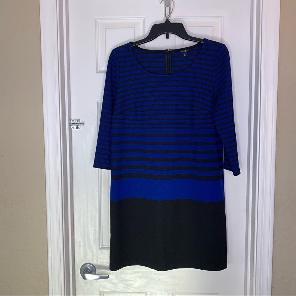 Ann Taylor Petite Medium Long Sleeve Blue Black Striped Shift Dress - Picture 2 of 9